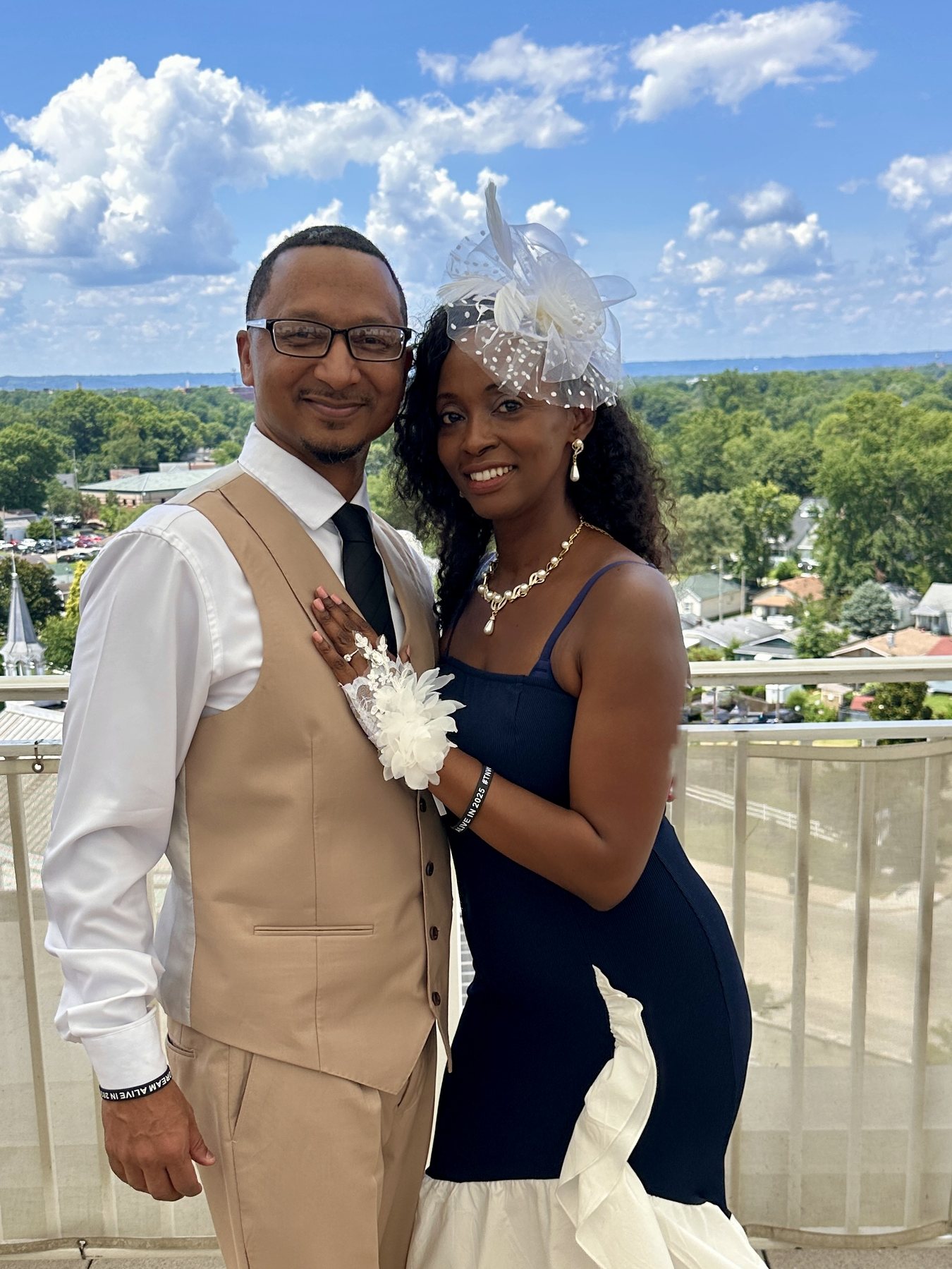Herman and Rontunya dressed up on a rooftop